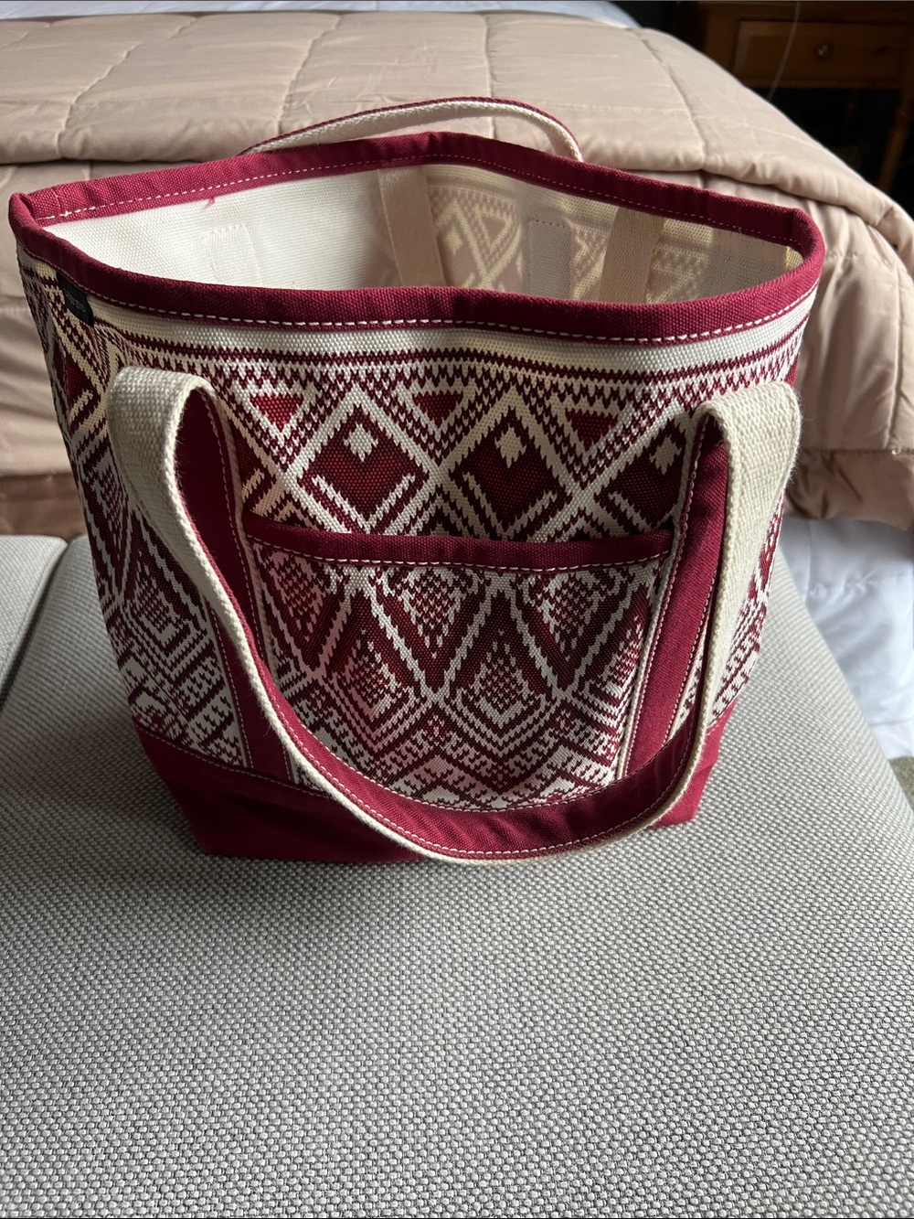 Canvas Tote Bag with Burgundy Diamond Pattern